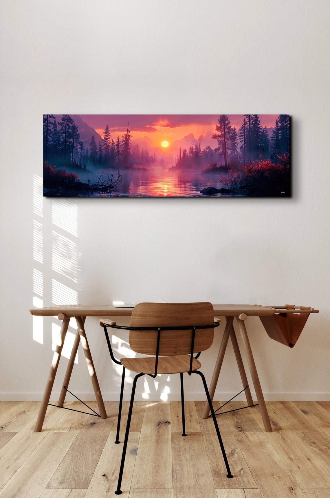 Mountain Lake Sunset Pine Trees Misty Orange Sky Panorama Wall Art - Image 6
