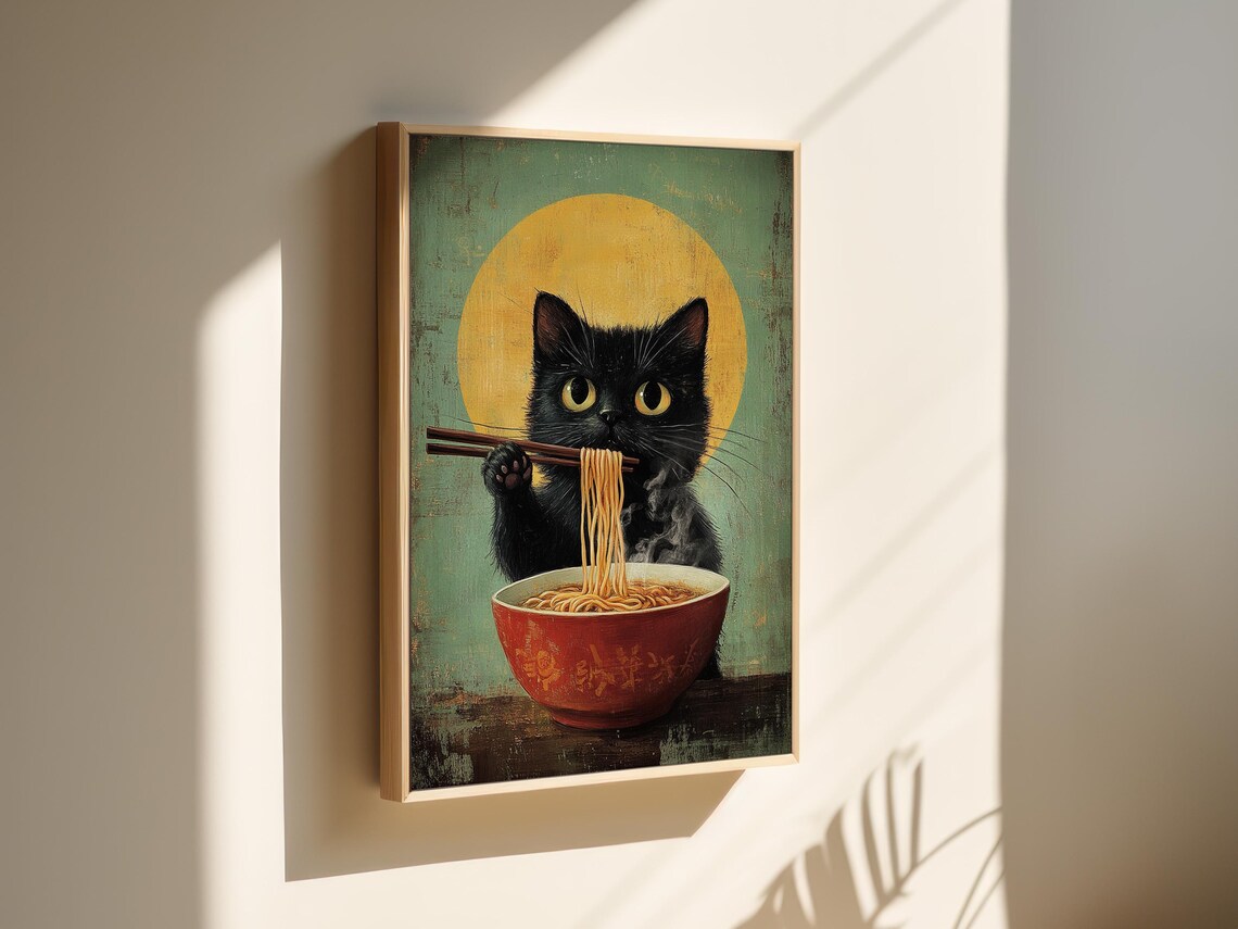 Black Cat Eating Ramen With Chopsticks Funny Kitchen Art Poster - Image 5