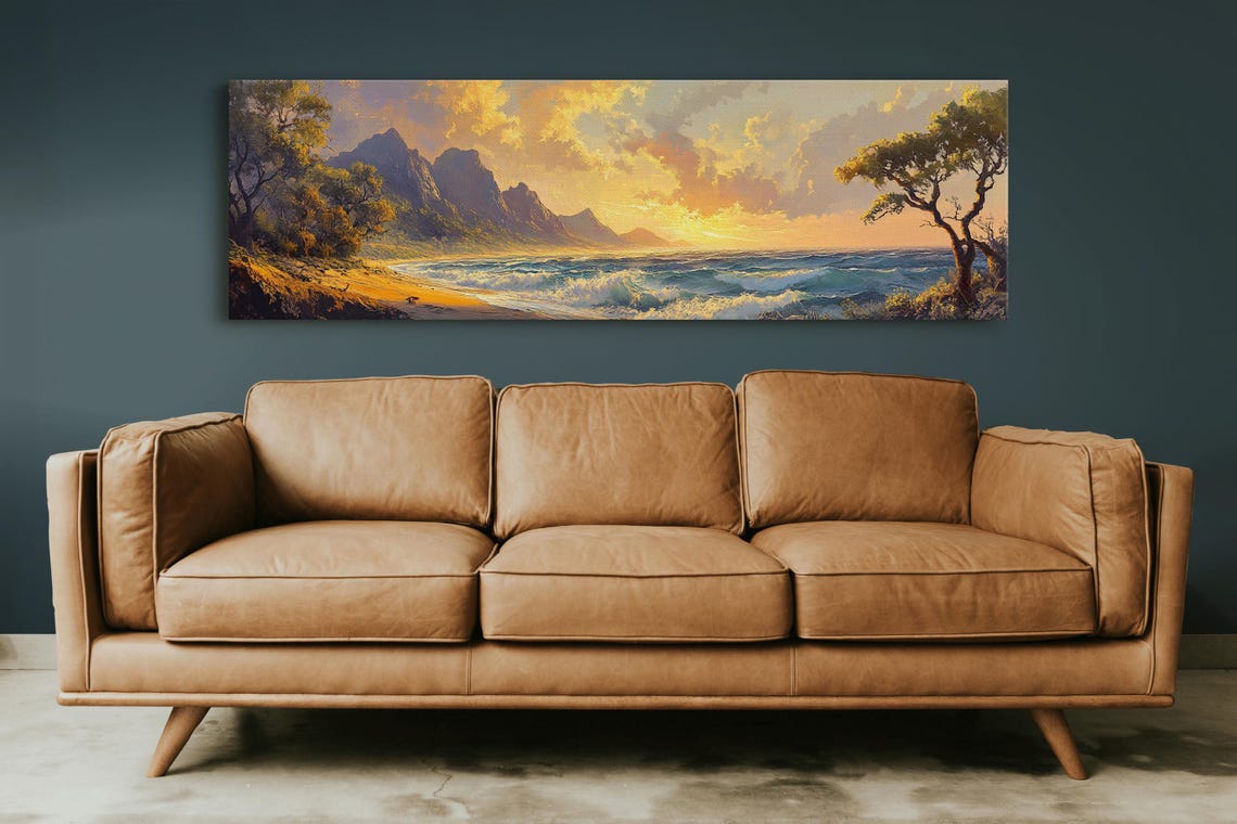 Golden Sunset Ocean Panorama With Mountains Waves Beach Nature Poster - Image 2