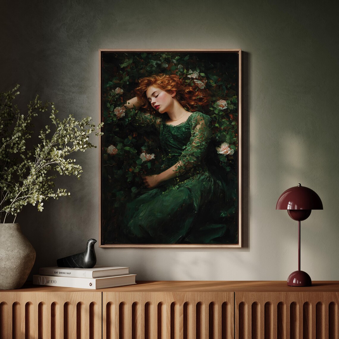 Red Haired Woman In Green Dress Sleeping Among Rose Garden Poster
