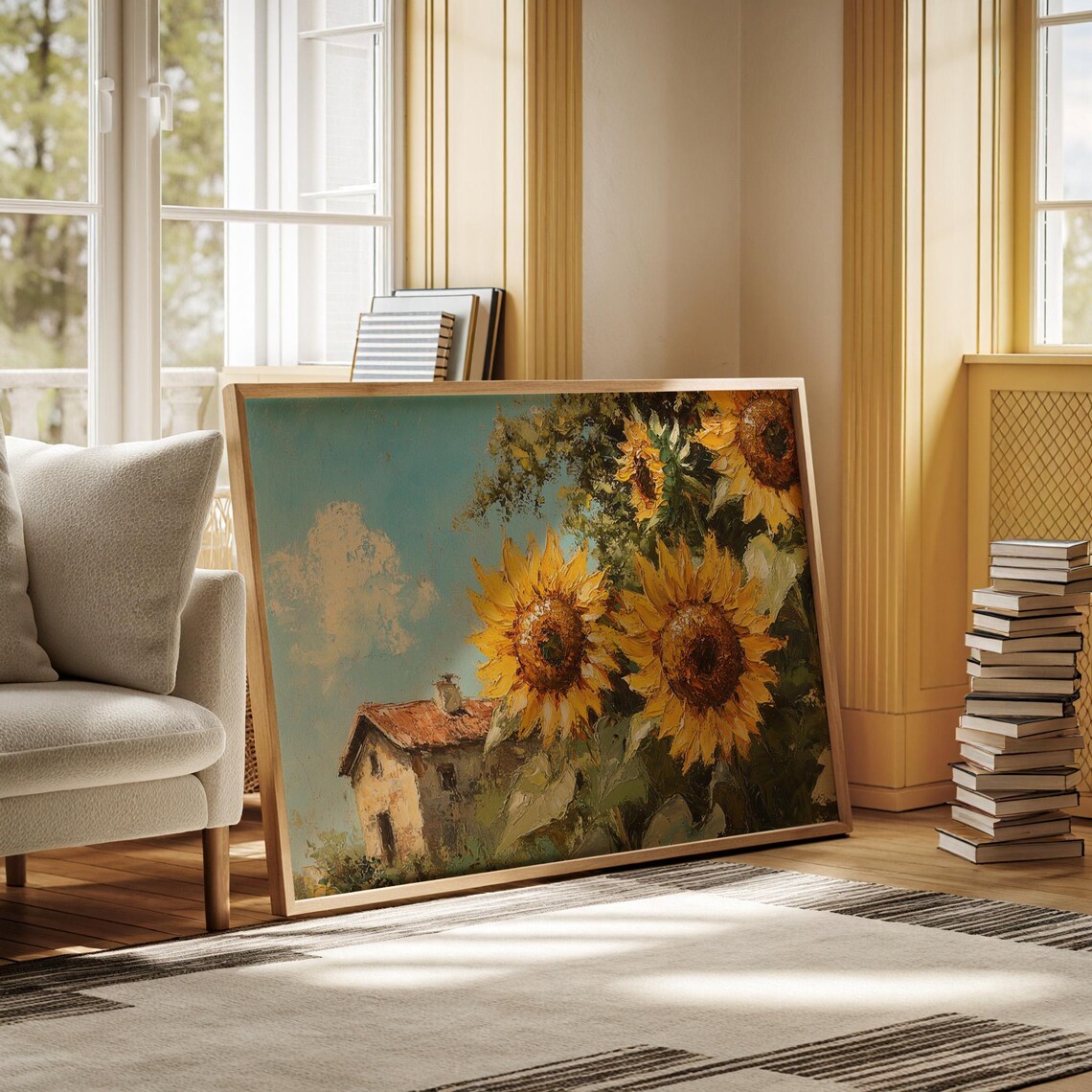 Giant Sunflowers with Rustic Farmhouse Bright Summer Oil Painting Poster - Image 6