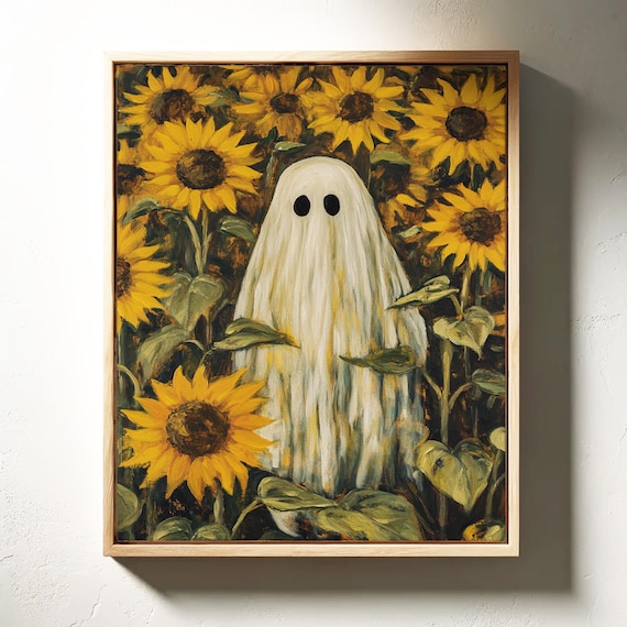 Whimsical Ghost In Sunflower Field Spooky Halloween Vintage Art Poster