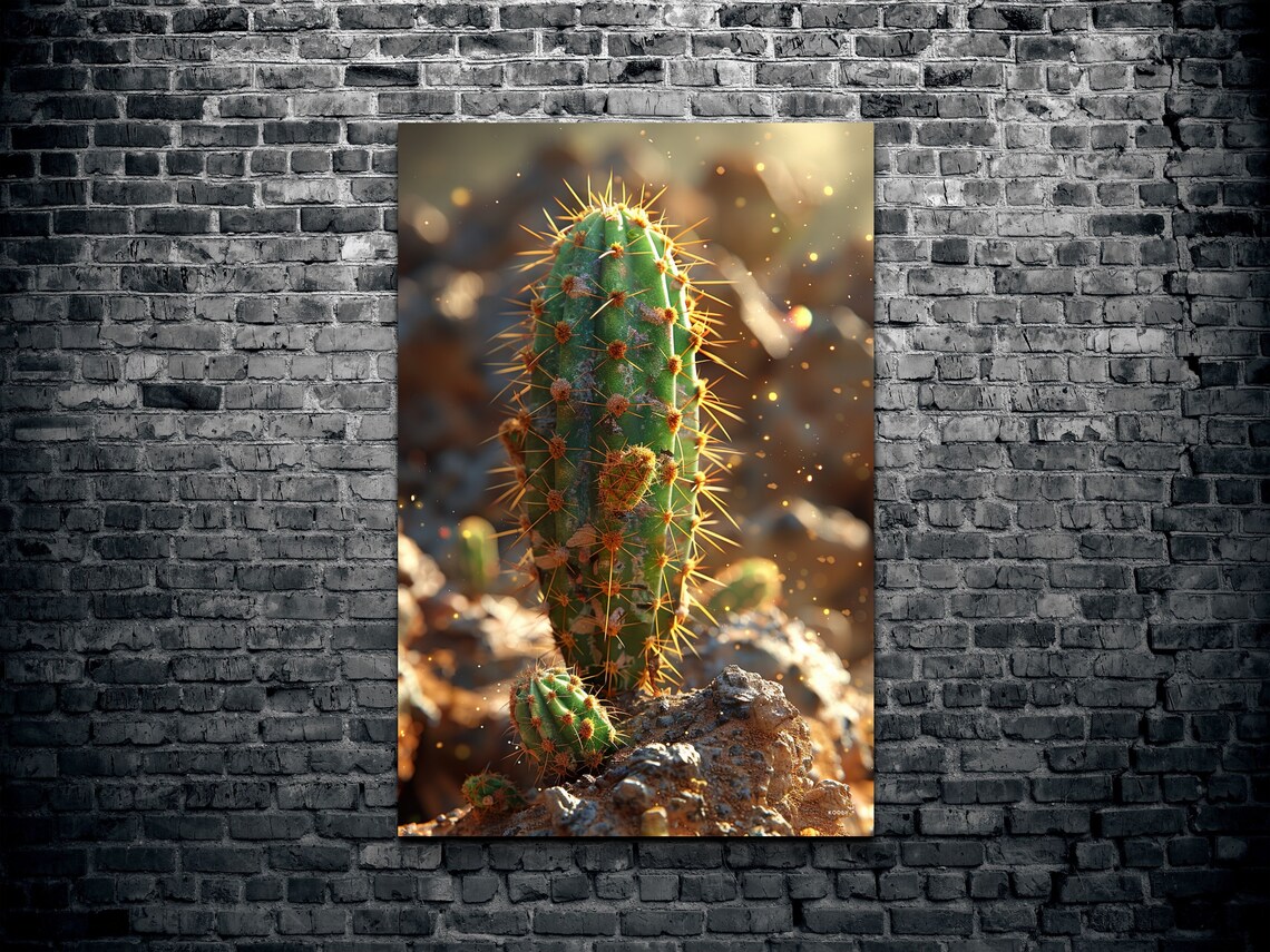 Cactus Close Up Golden Spines On Desert Rock Nature Art Poster - Image 2
