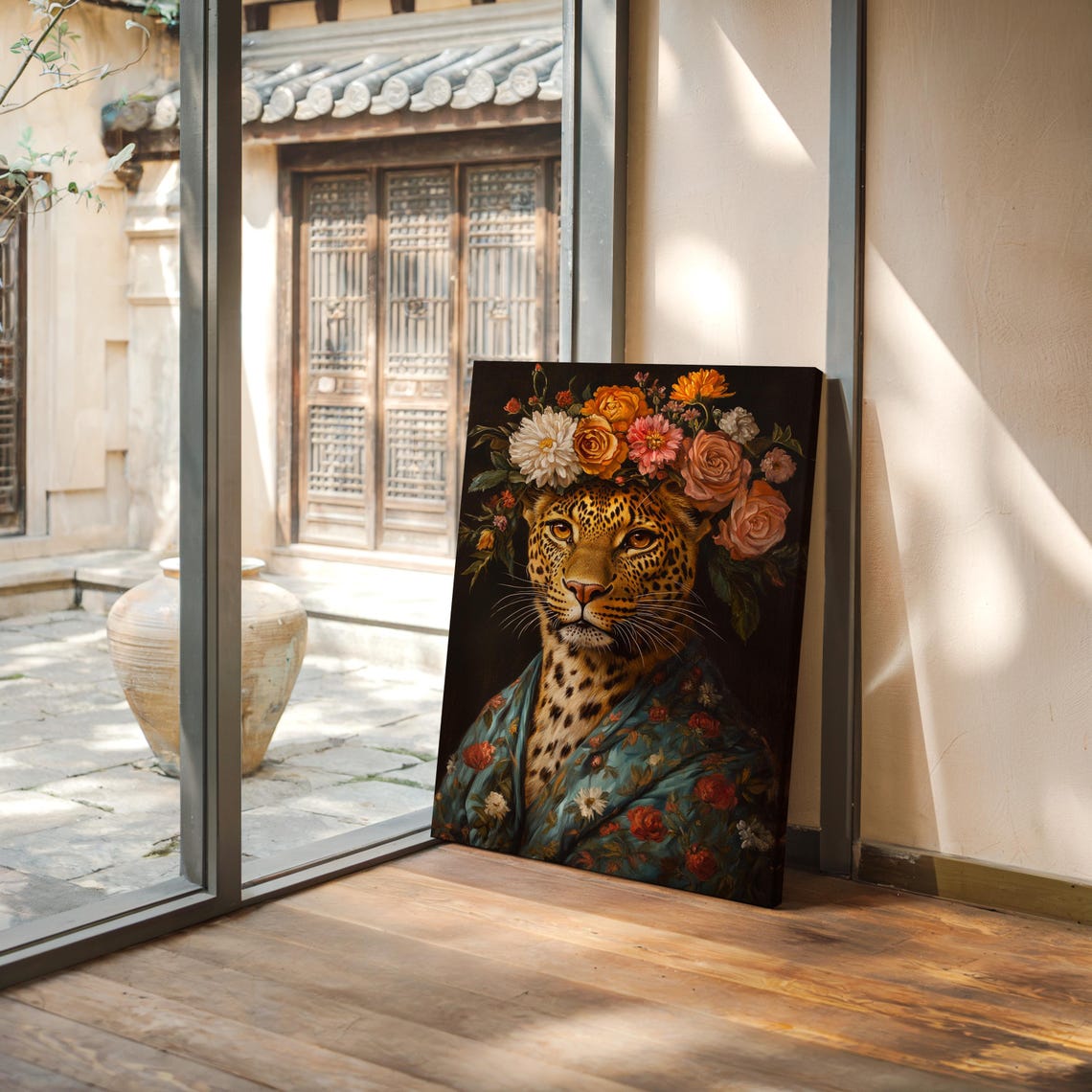 Leopard Floral Crown Teal Robe Vibrant Blooms Boho Portrait Poster - Image 4
