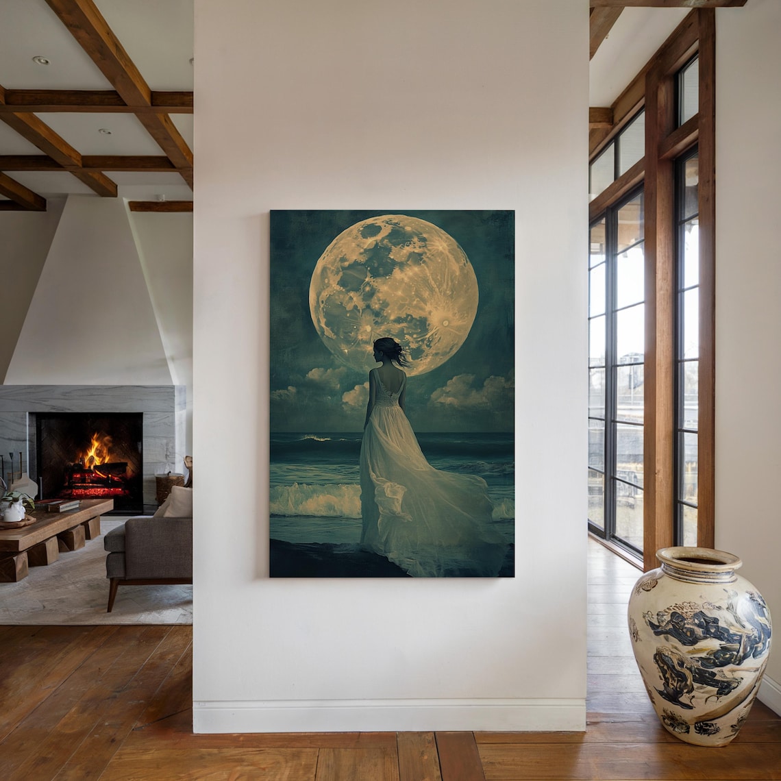 Moonlit Ocean Woman in White Dress Art Print - Image 7