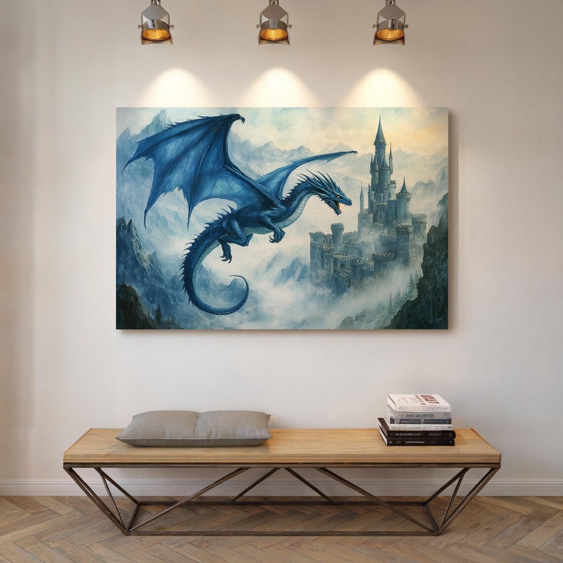 Epic Blue Dragon, Mystical Fantasy Castle Scene - Image 4