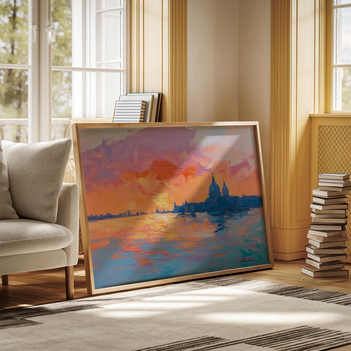 Venice Sunset Skyline Golden Orange Impasto Oil Painting Poster - Image 7