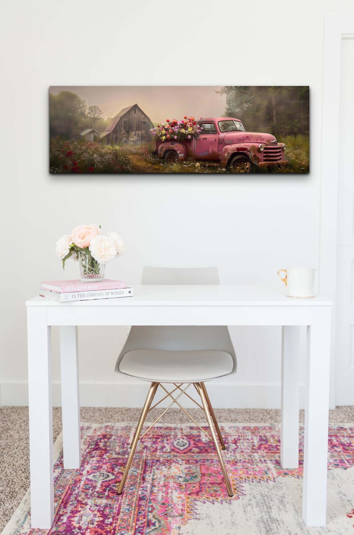 Pink Pickup On A Farm, Panoramic Art Print - Image 5
