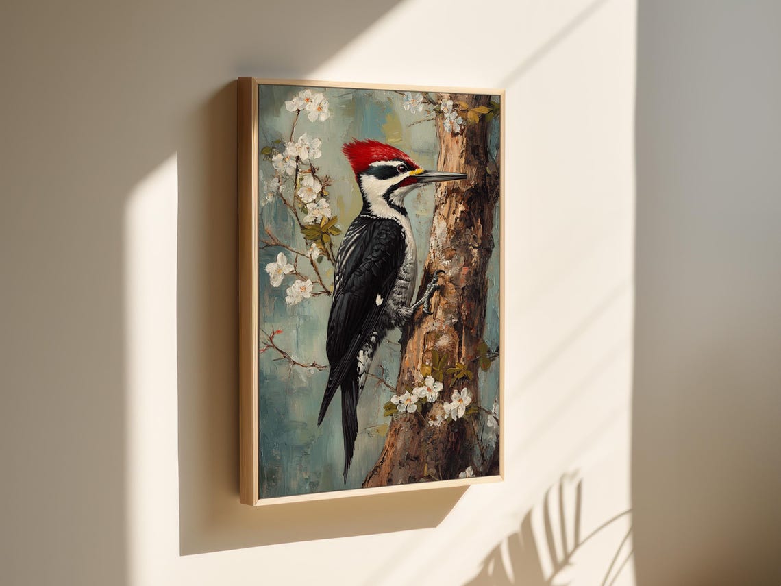 Red Crested Woodpecker On Tree Trunk With Spring Blossoms Poster - Image 4