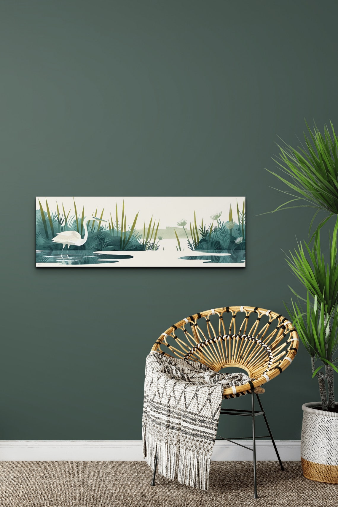 White Egret Wading In Marsh Watercolor Reeds Panoramic Wall Art - Image 5