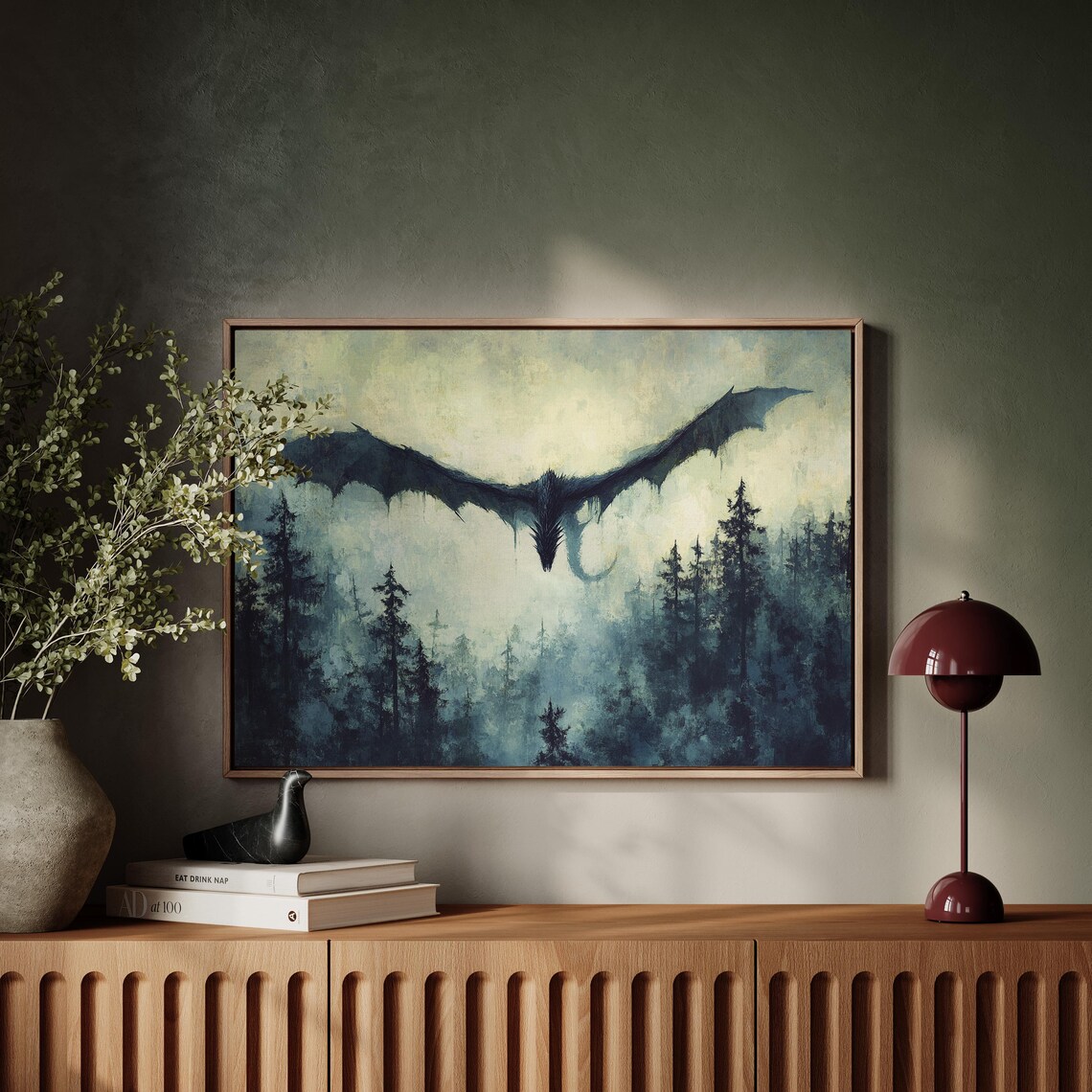 Mystical Dragon Over Misty Forest, Fantasy Art Print - Image 3