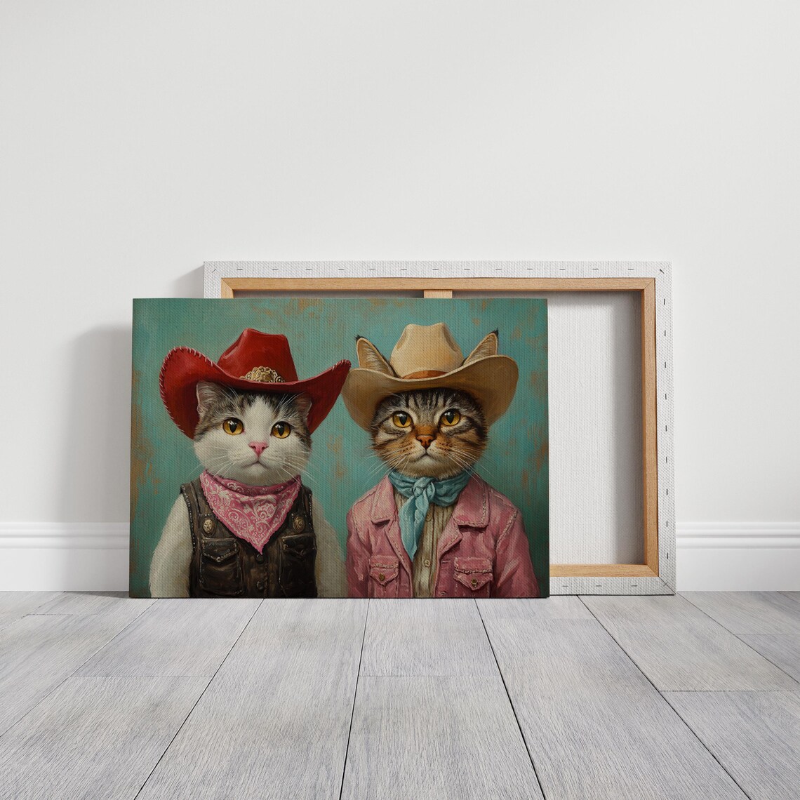 Cowboy Cat Duo In Western Hats Vintage Feline Painting Wall Art - Image 2