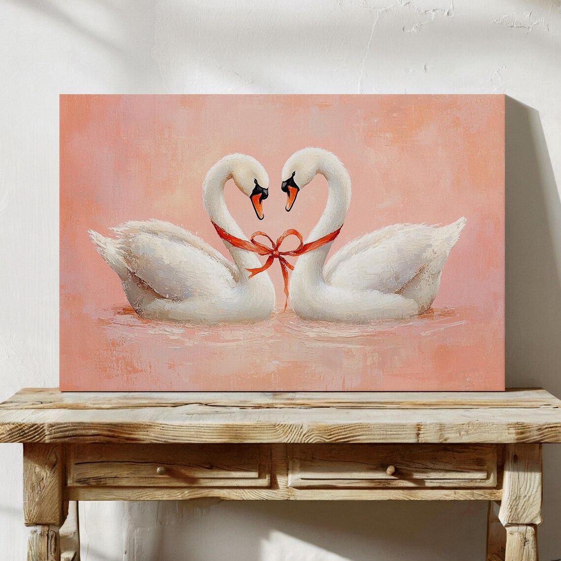Swan Pair Heart Shape Red Ribbon Romantic Love Bird Painting Poster - Image 5
