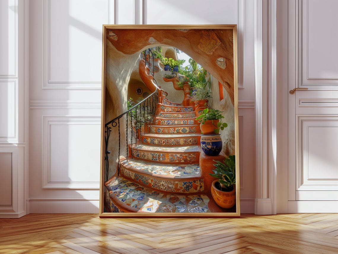 Colorful Mosaic Tile Staircase Spanish Archway Garden Poster