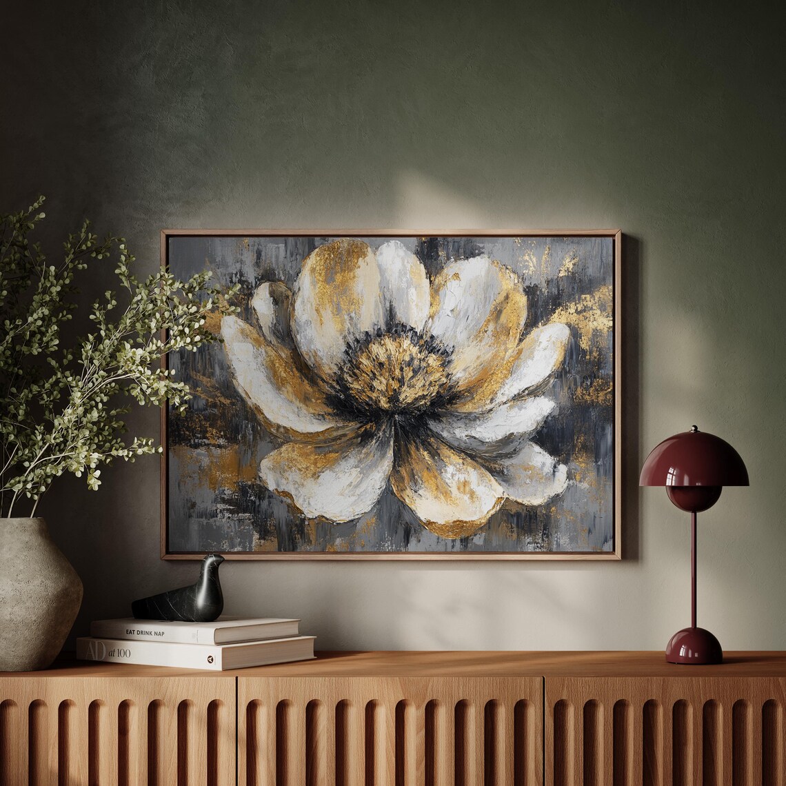 White Gold Abstract Flower Gray Textured Oil Painting Style Poster - Image 5