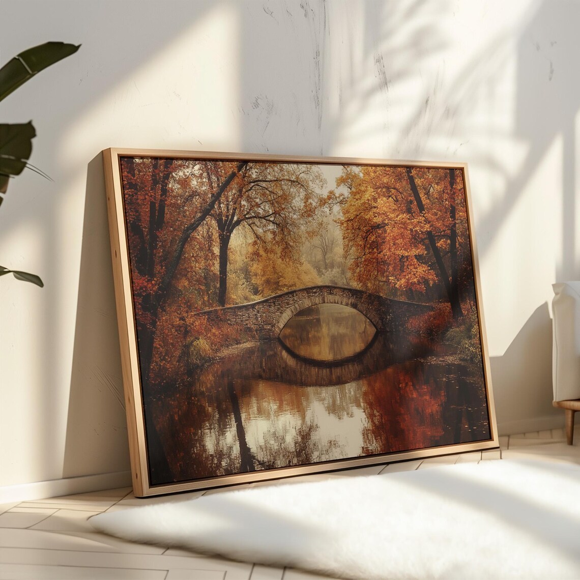 Serene Autumn Bridge, Rustic Forest Landscape Art Print - Image 4