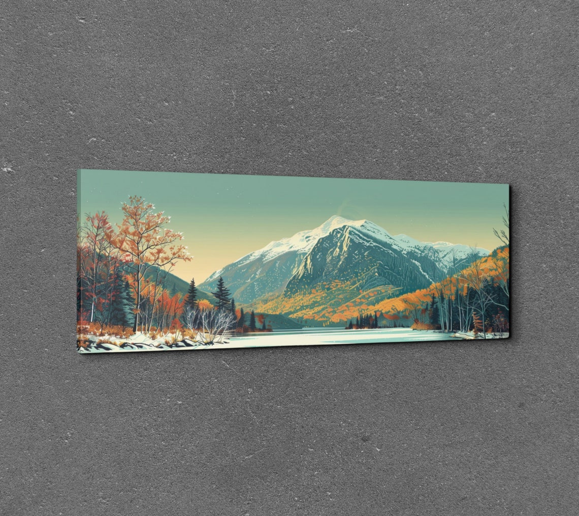 Snowy Mountain Peak Over Calm Lake Autumn Forest Panorama Wall Art - Image 3