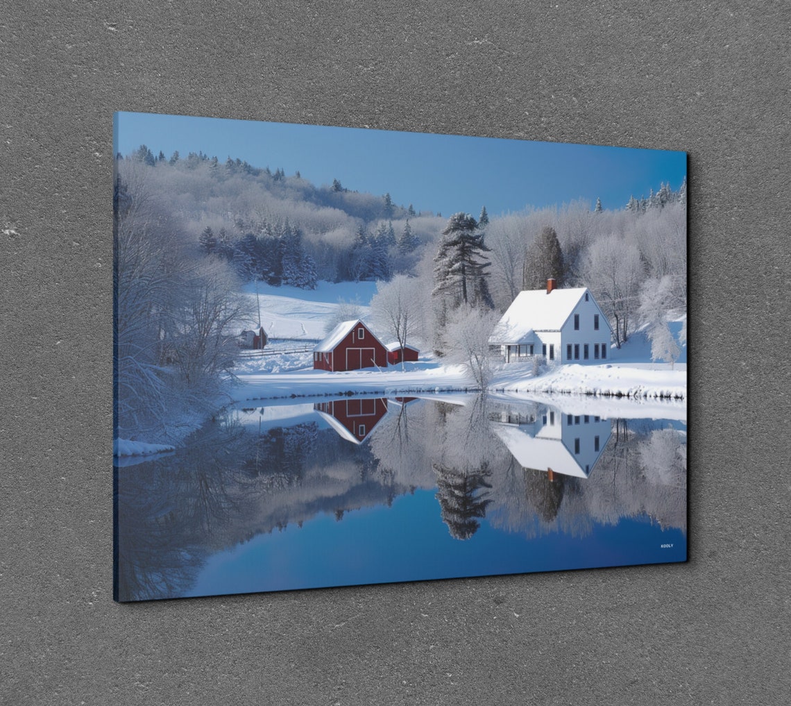 Red Barn Farmhouse Snowy Lake Reflection Winter Landscape Poster - Image 7