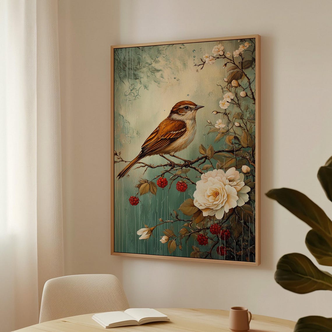 Songbird On Flowering Branch With White Rose Vintage Art Poster - Image 3