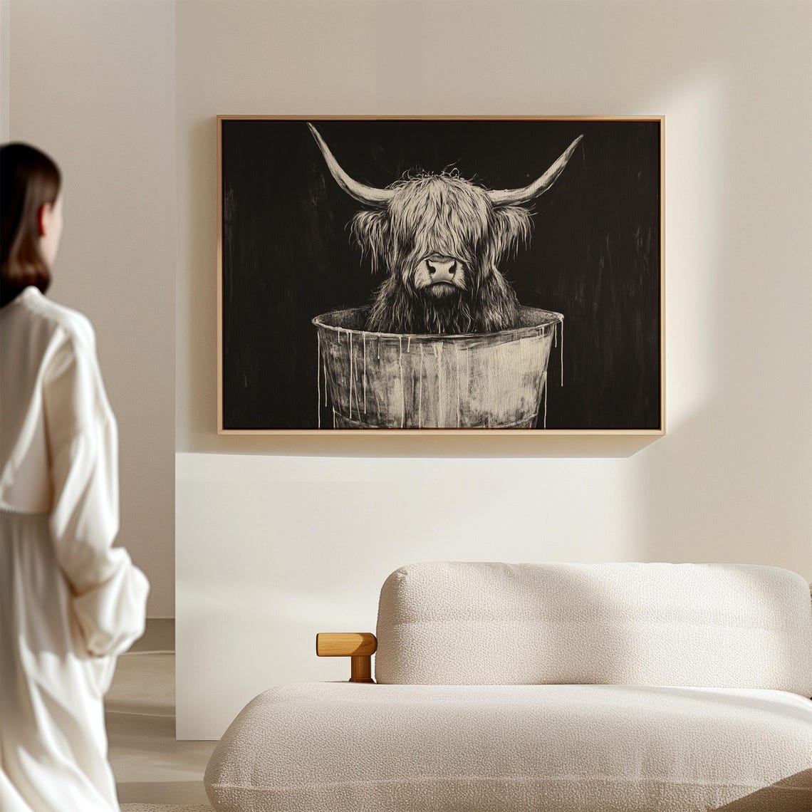 Highland Cow Sitting in a Rustic Bucket Black and White Art Poster - Image 7