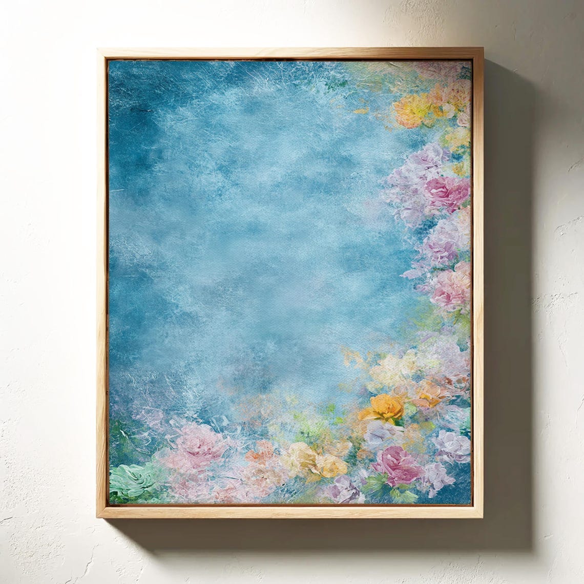 Pastel Blossoms On Teal Textured Abstract Floral Modern Art Poster - Image 4