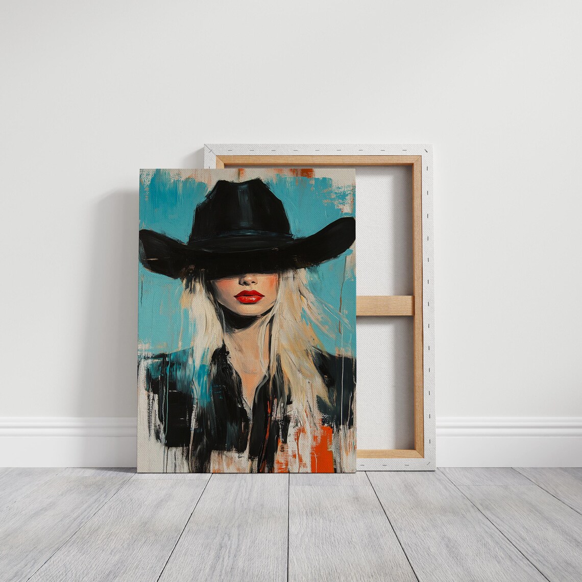 Blonde Cowgirl in Black Hat Abstract Teal Portrait Painting Poster - Image 3