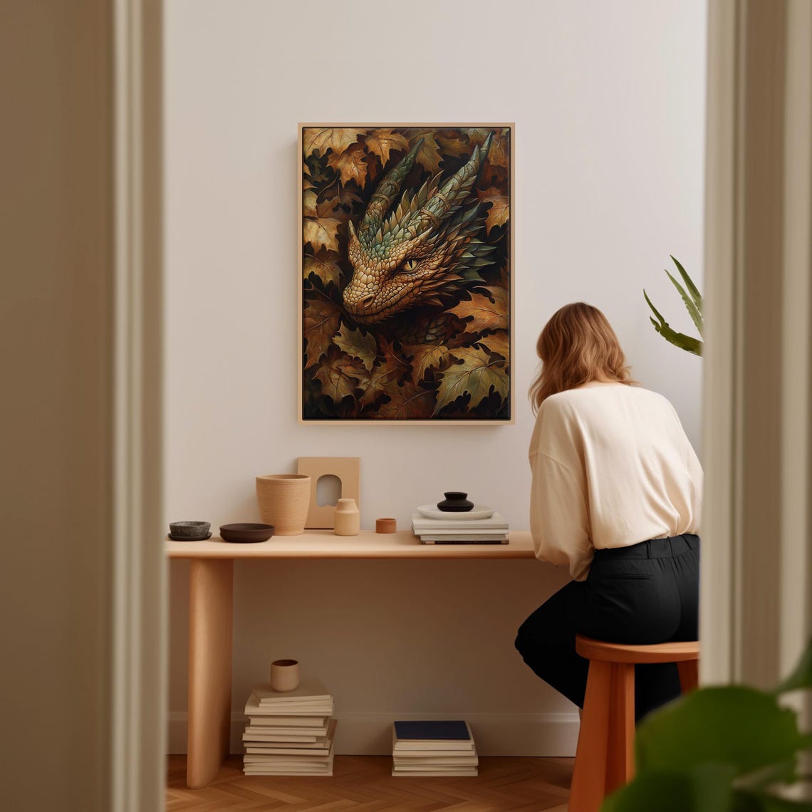 Sleeping Dragon Hidden Among Autumn Oak Leaves Artwork Poster - Image 4