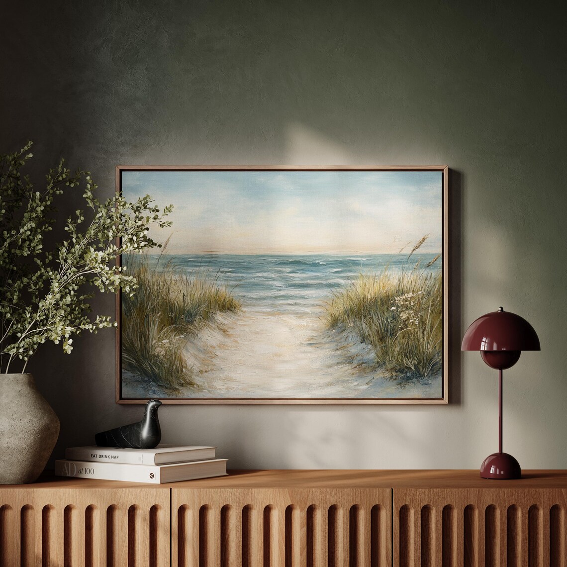 Coastal Beach Path, Soft Blue Seascape Oil Painting - Image 3