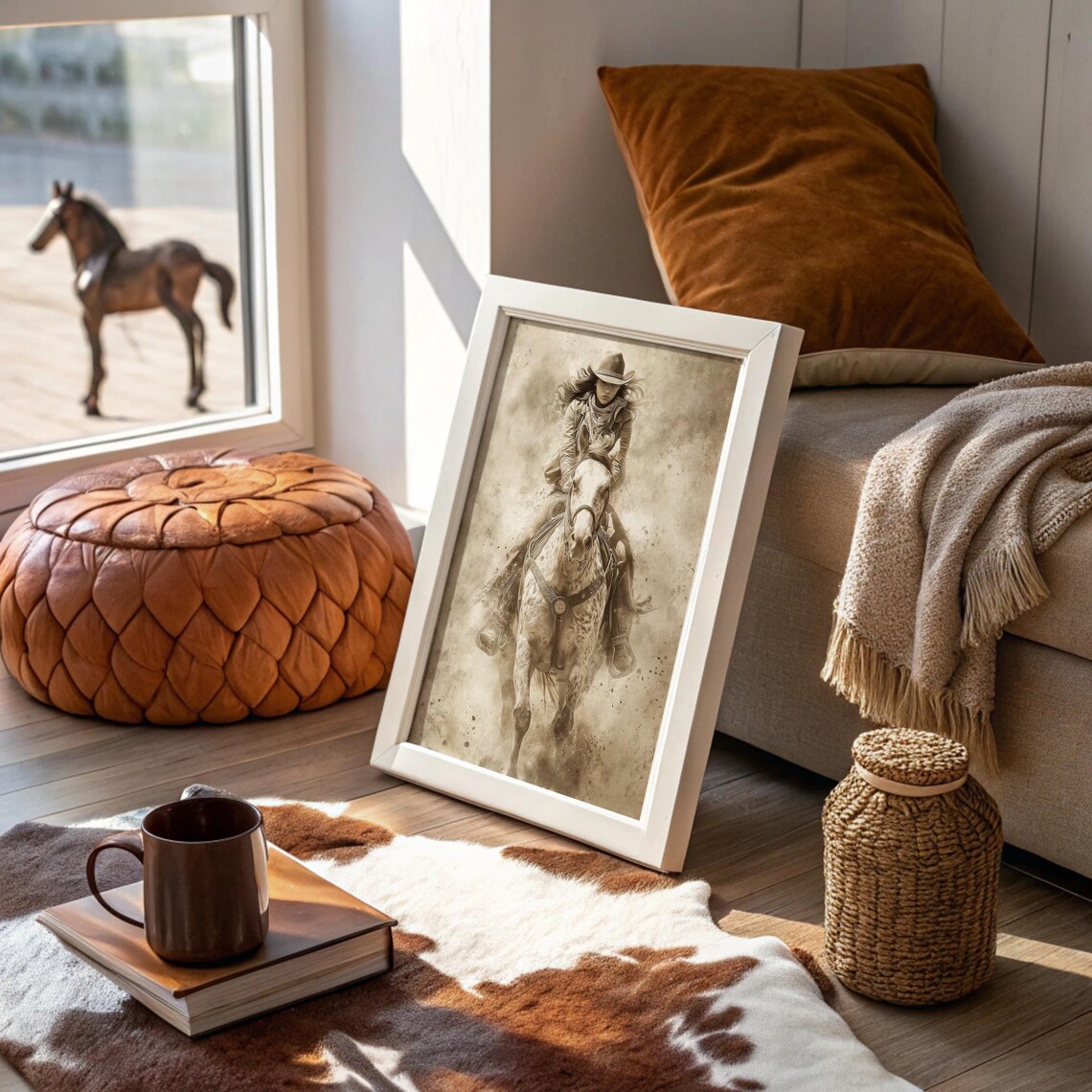 Cowgirl Riding Horse Through Dusty Western Trail Sketch Poster