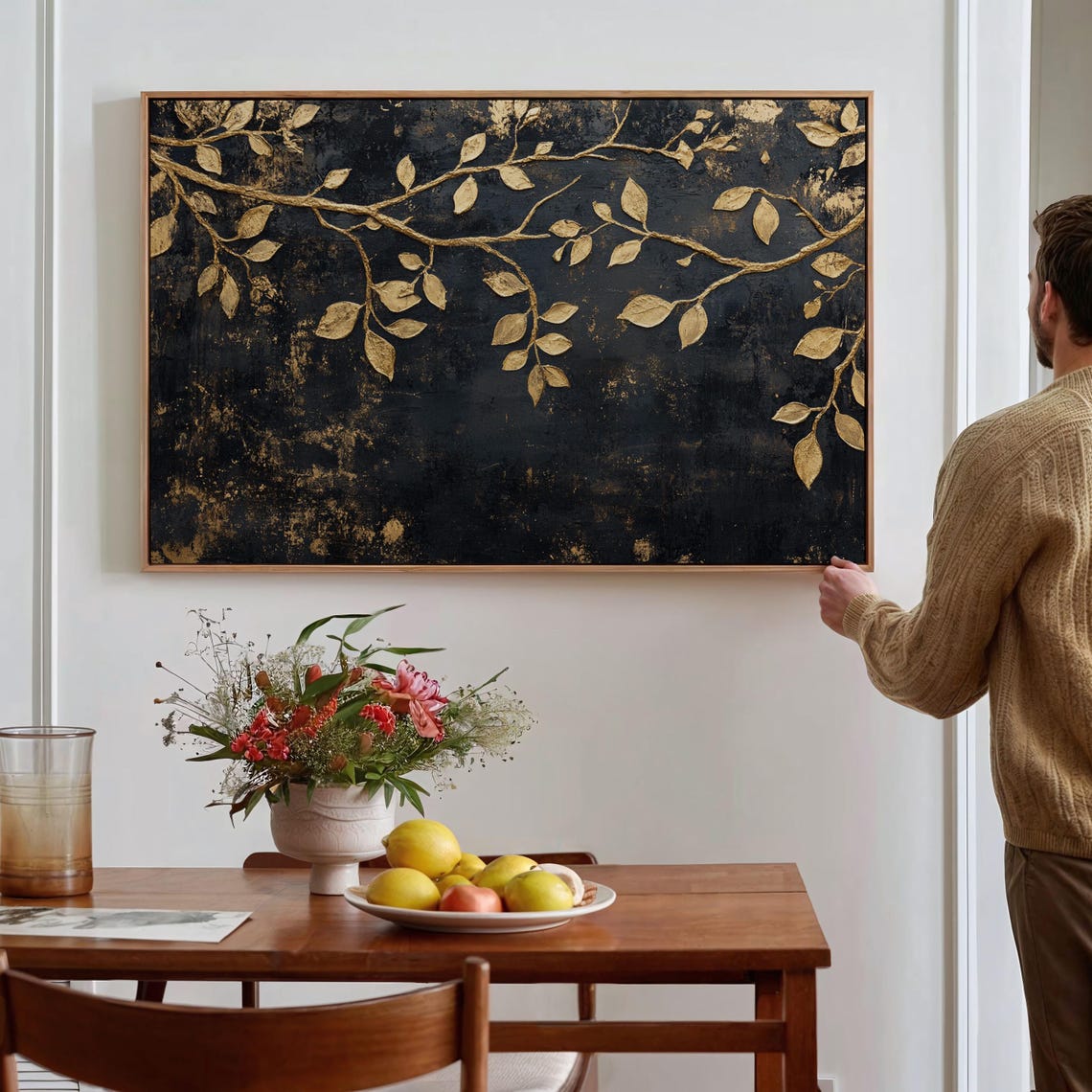 Gold Leaf Branches Black Canvas Luxury Botanical Abstract Print