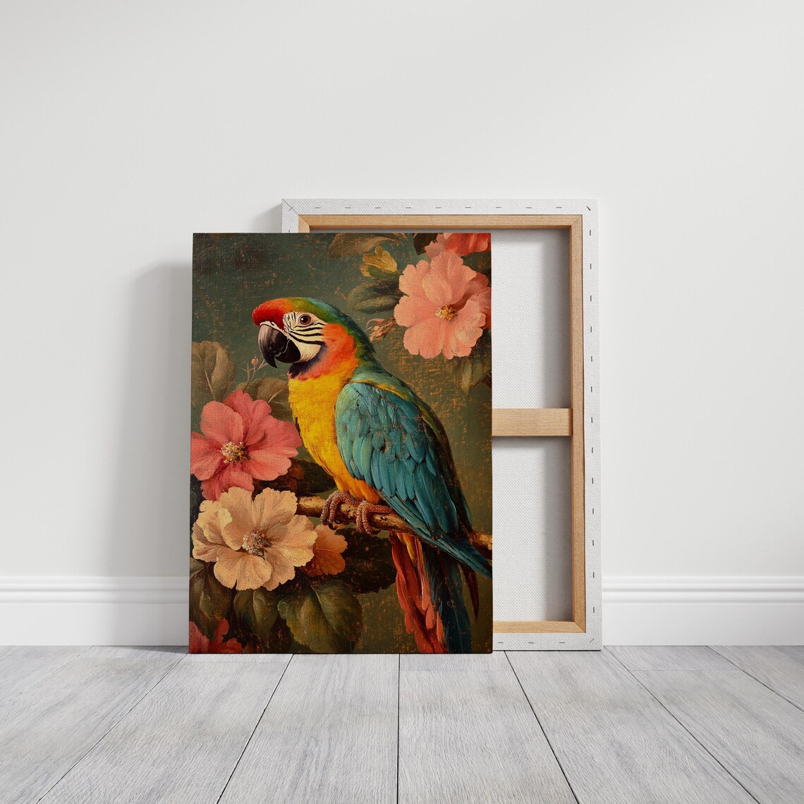 Tropical Parrot Art, Vibrant Macaw With Hibiscus Flowers - Image 3