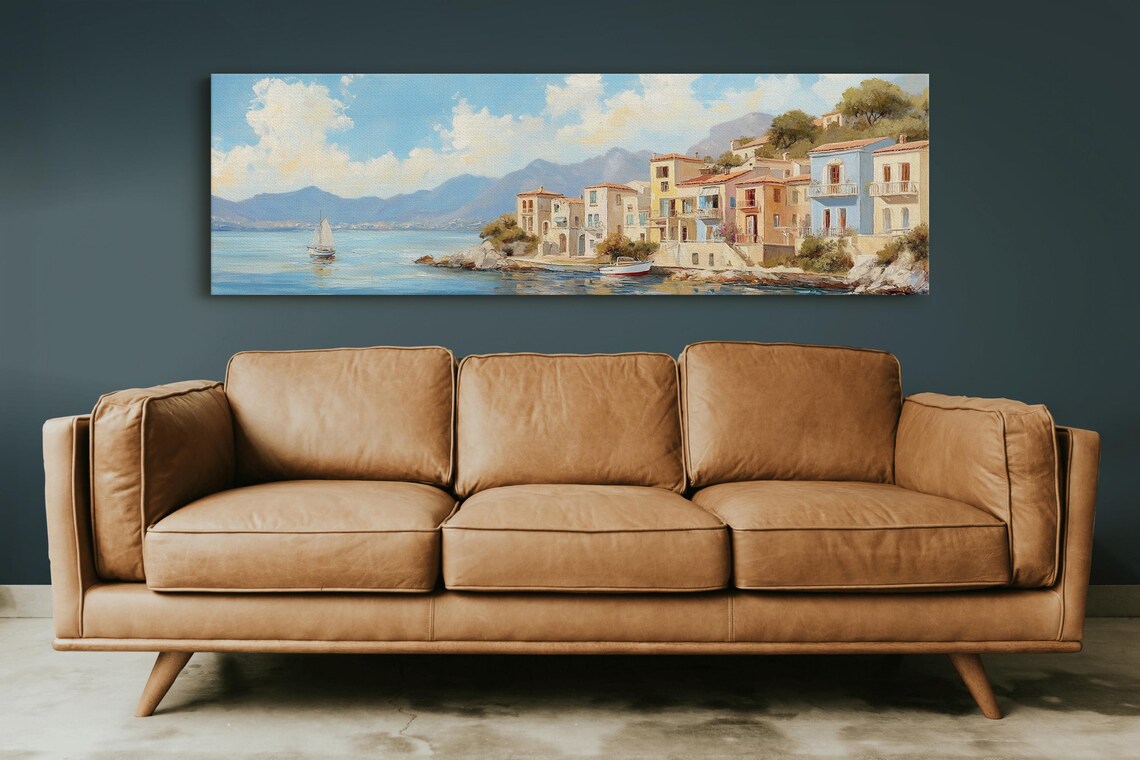 Mediterranean Seaside Town Sailboats Pastel Waterfront View Poster - Image 4