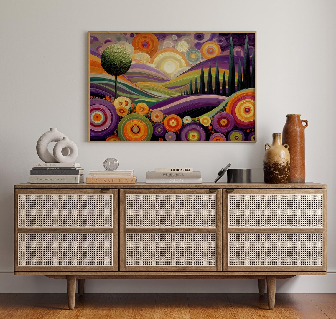 Whimsical Psychedelic Hillside Art Print With Colorful Sun Circles Landscape