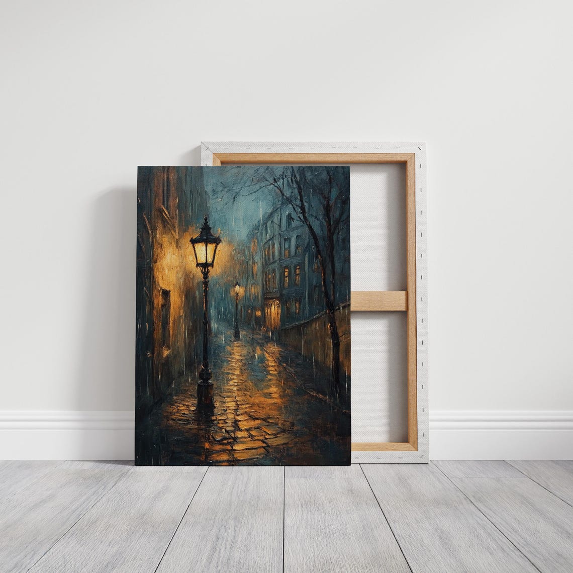 Rainy Night City Street With Glowing Vintage Lamp Posts Poster - Image 3