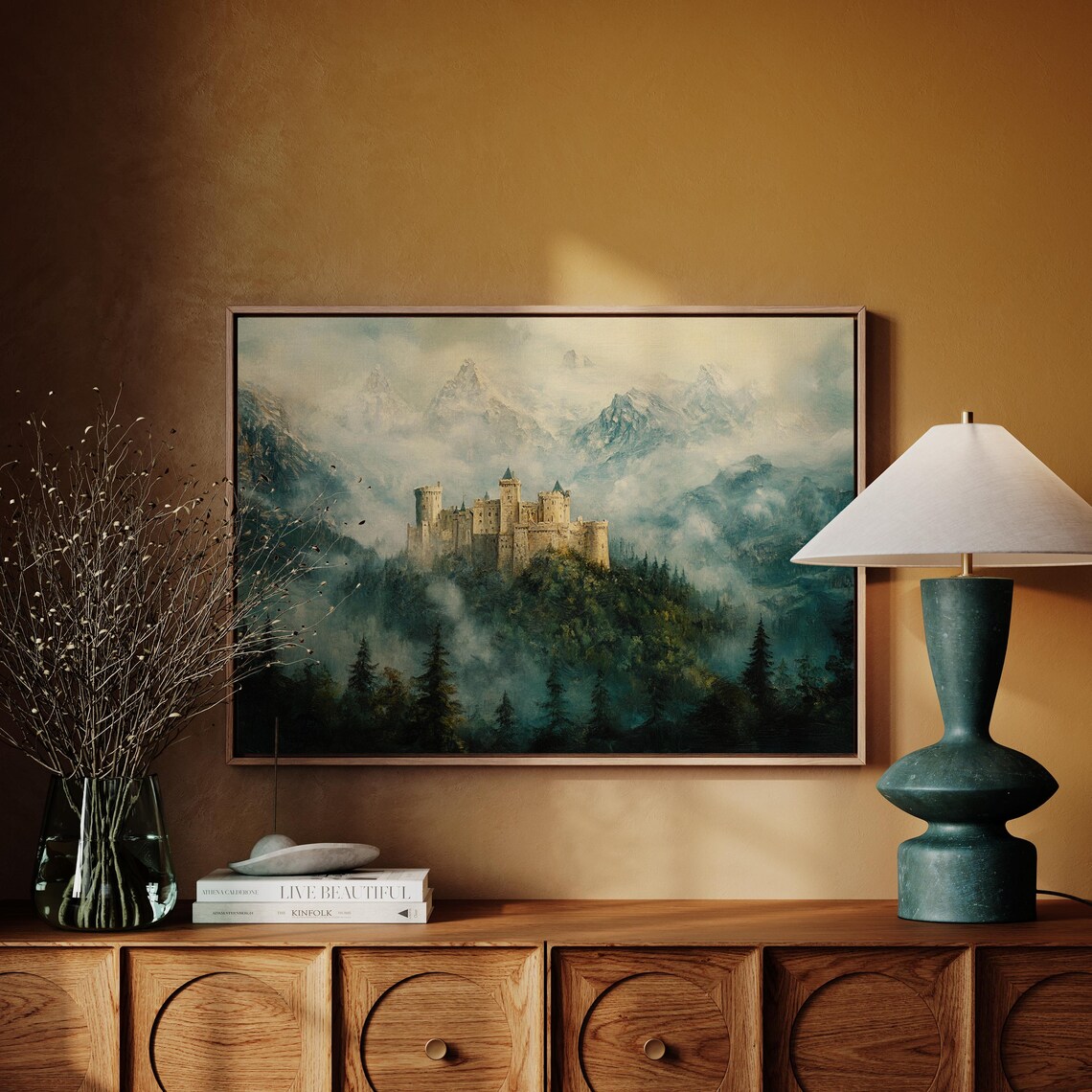 Medieval Castle on a Hill Above Mist with Snowy Mountain Peaks Poster - Image 4