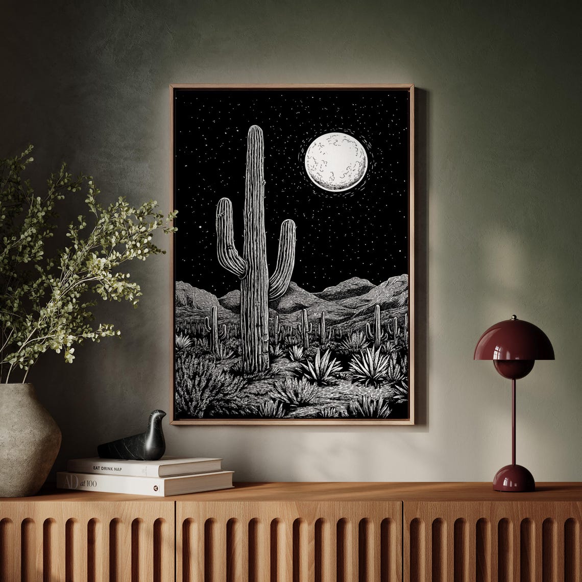 Black and White Desert Night Saguaro Under Full Moon Engraving Poster - Image 5
