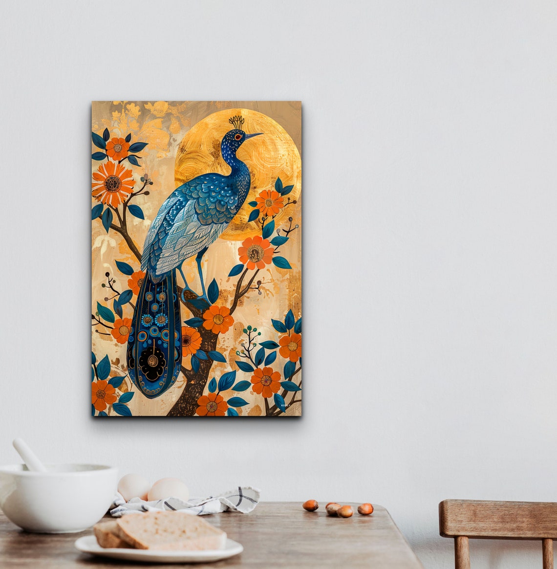 Peacock Folk Art Blue Gold Blossom Decorative Bird Wall Print - Image 5