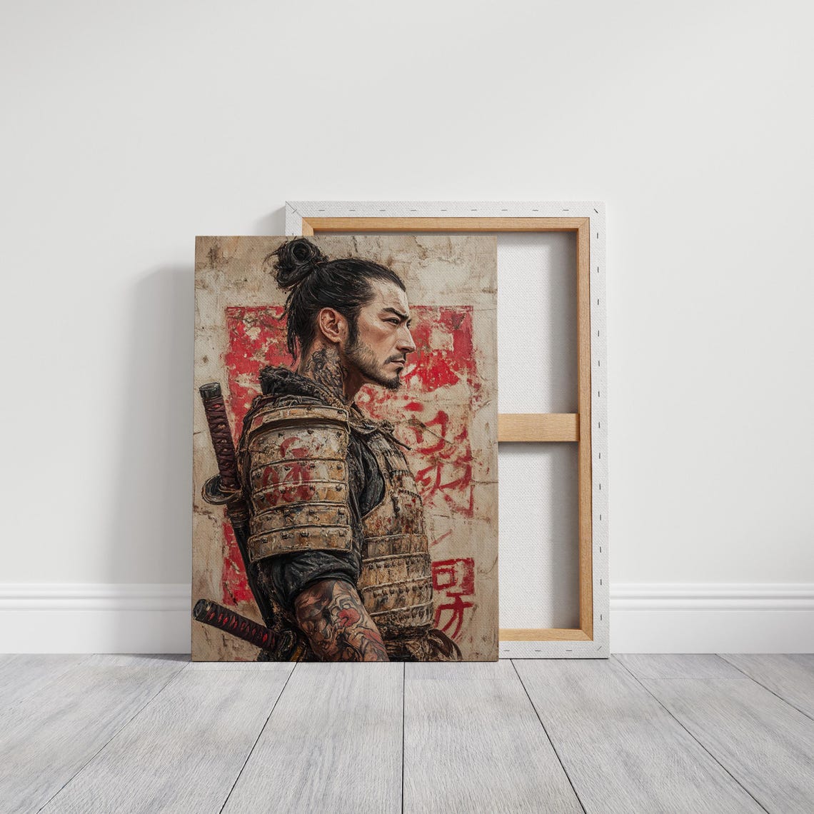 Samurai Warrior Art Print Intense Side Profile In Detailed Armor Red Accents And Textured Background For Bold Japanese Decor - Image 3