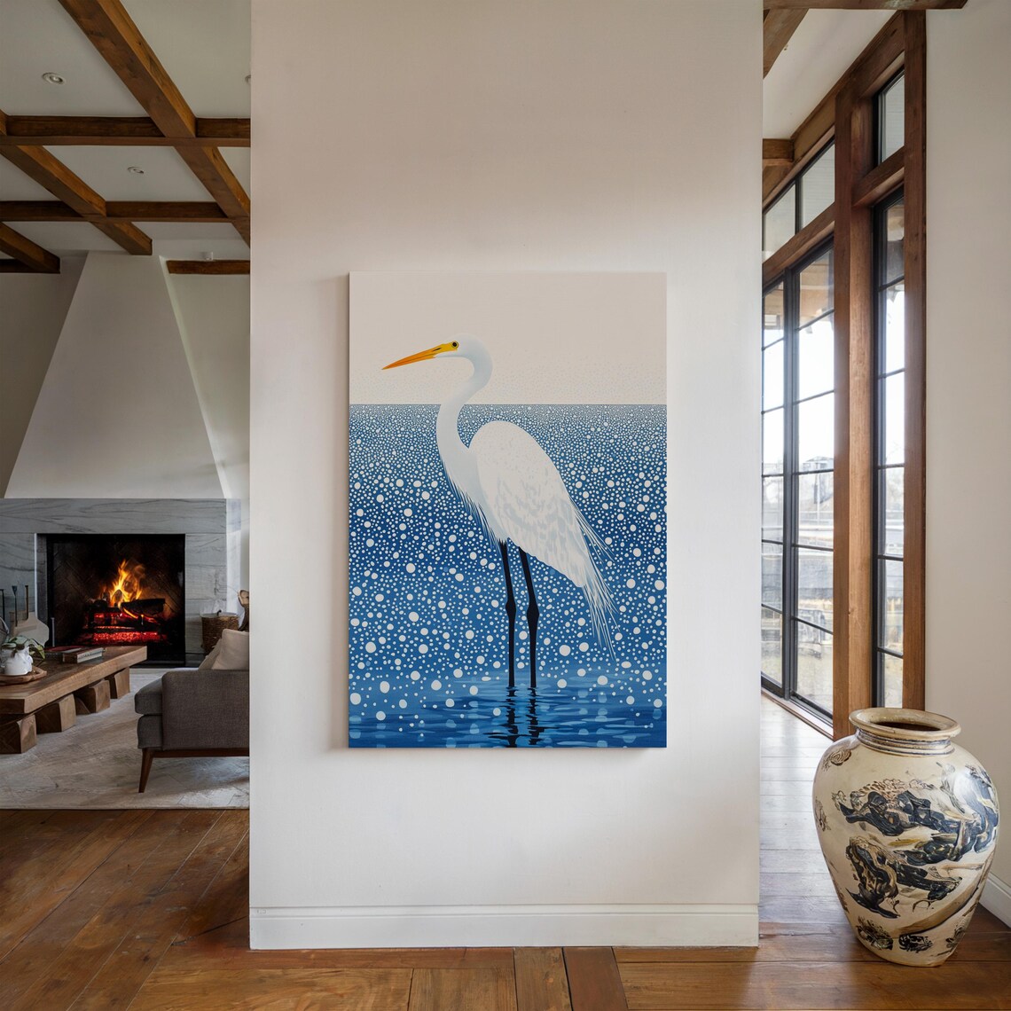 White Egret Standing in Sparkling Blue Water Bird Art Poster - Image 4