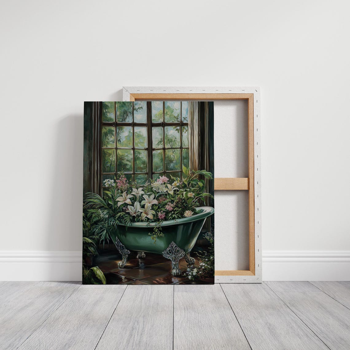 Green Clawfoot Bathtub Planter With Lilies Garden Window Wall Art - Image 3