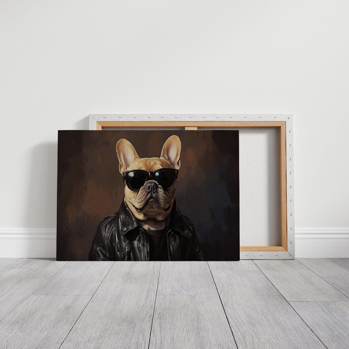 Cool Tan French Bulldog Leather Jacket Sunglasses Dog Art Print - Image 2