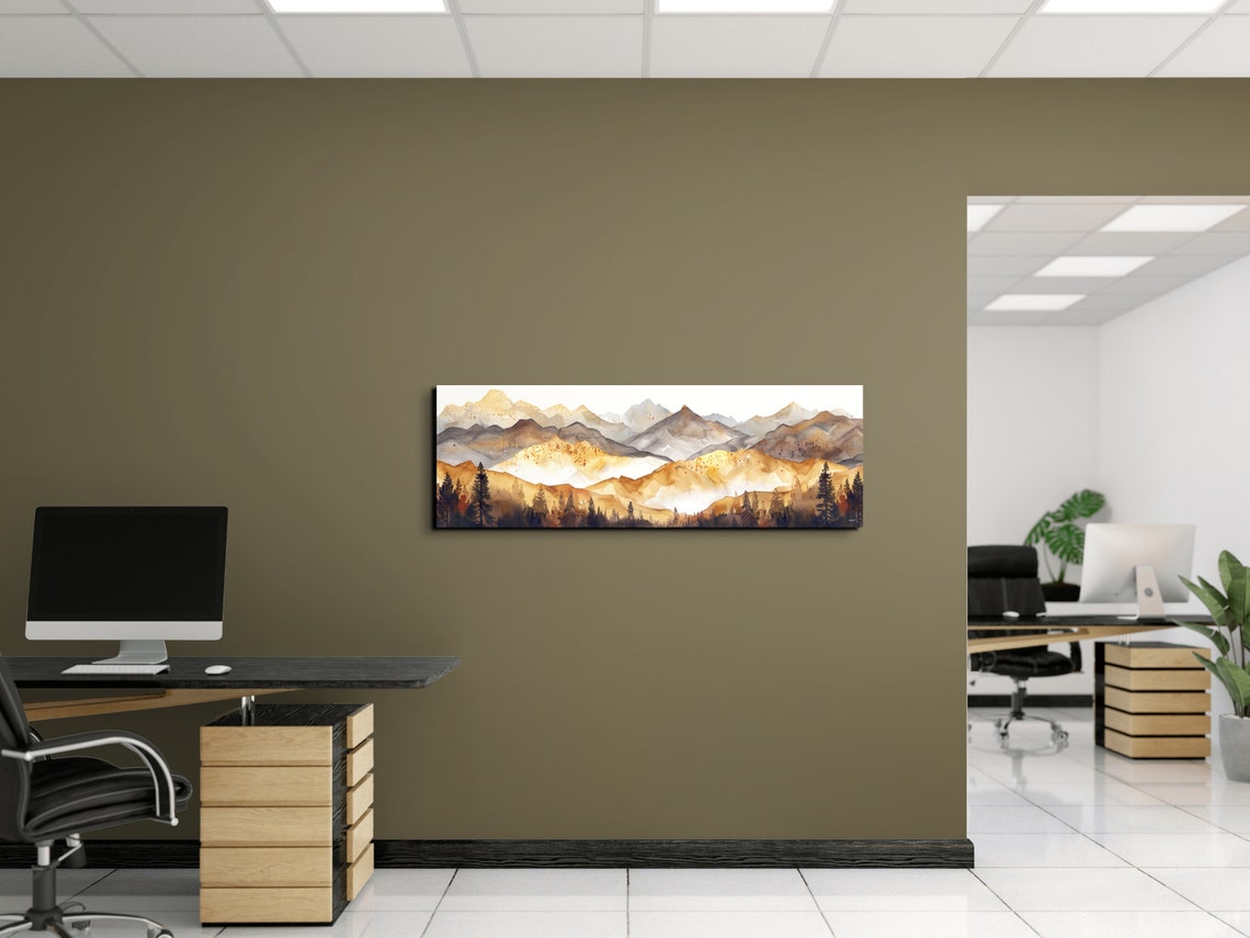 Golden Mountain Peaks Panoramic Watercolor Sunrise Landscape Poster - Image 5
