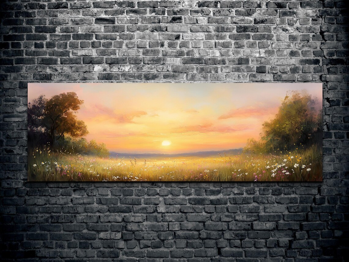 Wildflower Meadow at Golden Sunset Oil Painting Panoramic Poster - Image 2