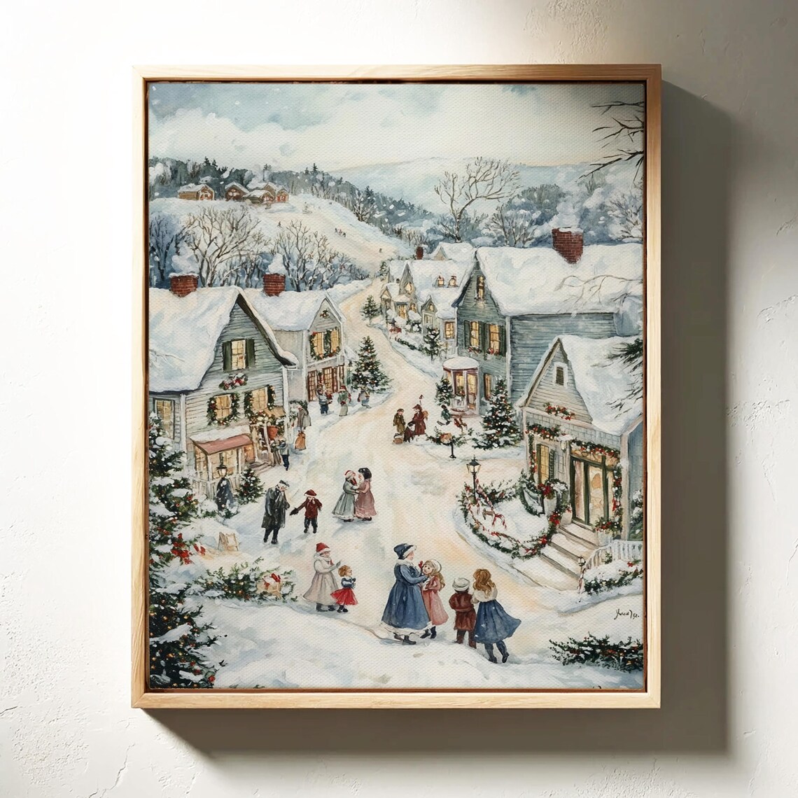 Victorian Christmas Village Street with Snowy Carolers Art Poster - Image 3