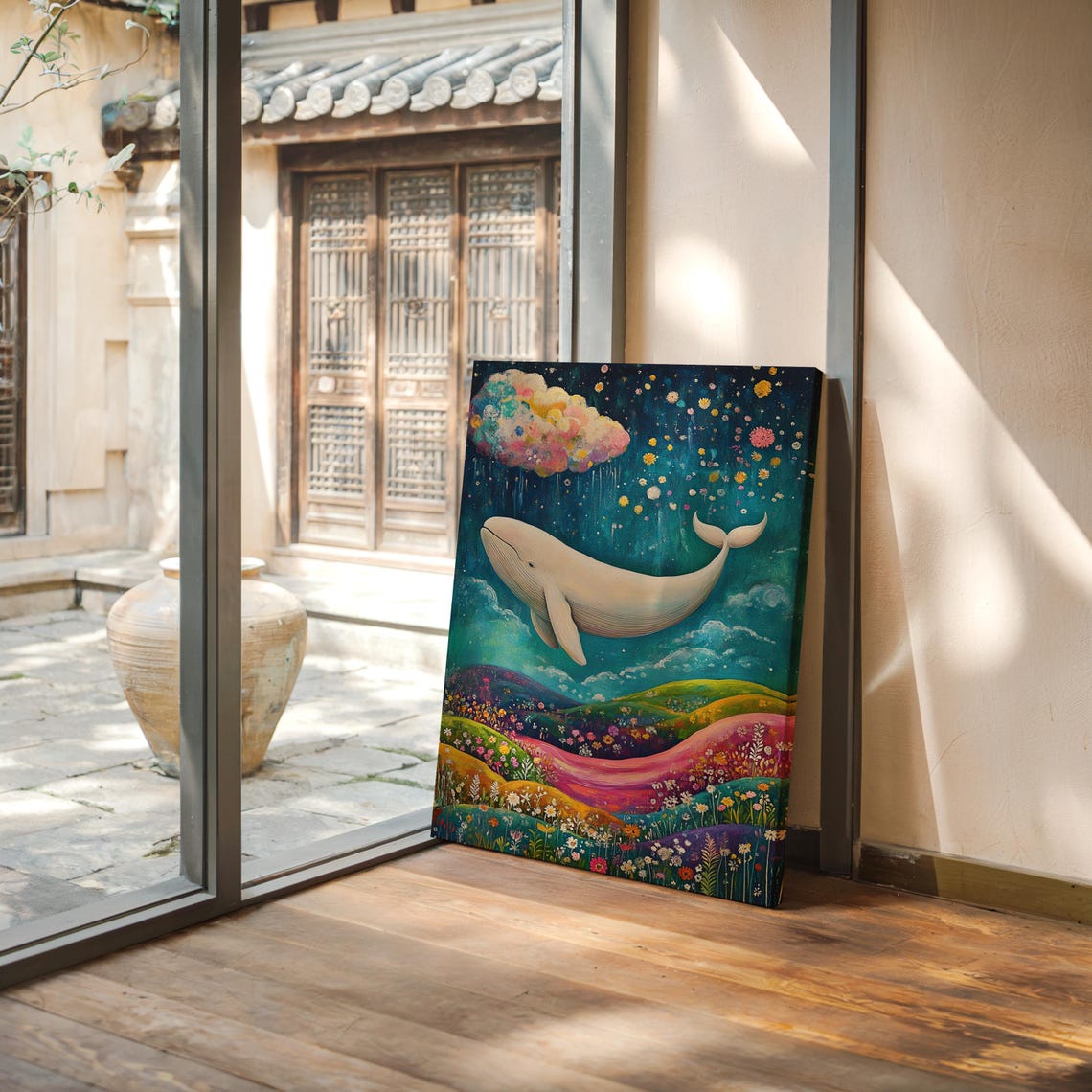 Magical White Whale Over Colorful Wildflower Hills Night Sky Poster - Image 5