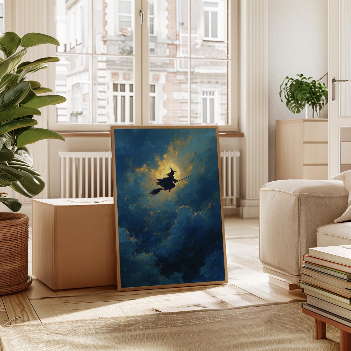 Witch Flying Across Moonlit Sky Golden Moon Halloween Night Poster