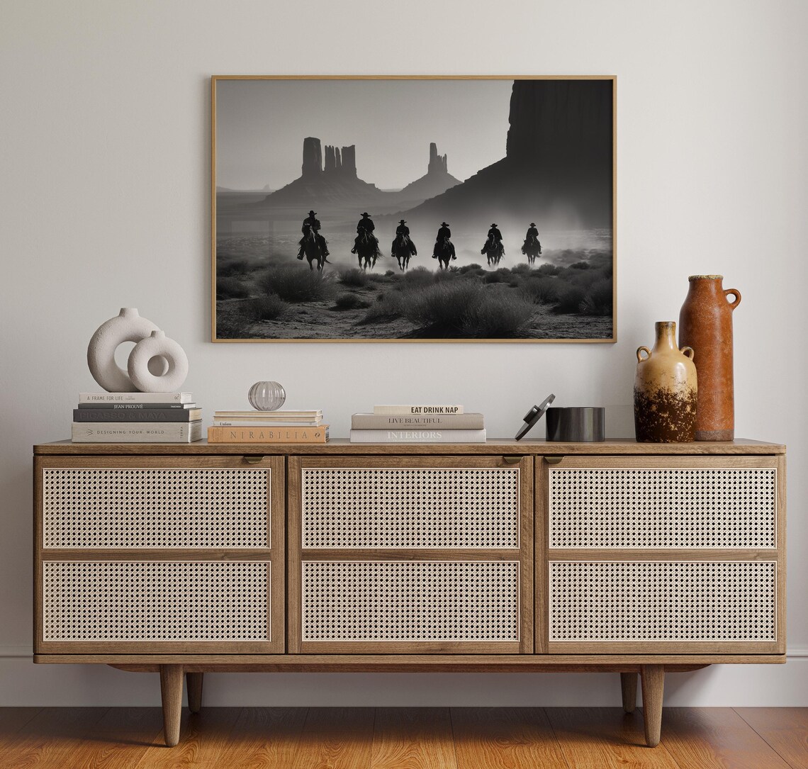 Cowboys Riding Horses Through Desert Canyon Shadows Black White Poster