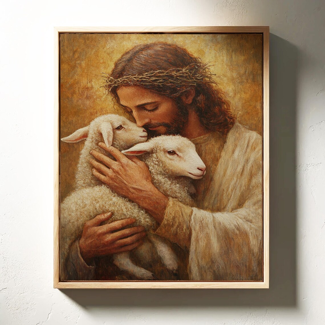 Jesus Holding Two Lambs Crown of Thorns Tender Embrace Poster - Image 3