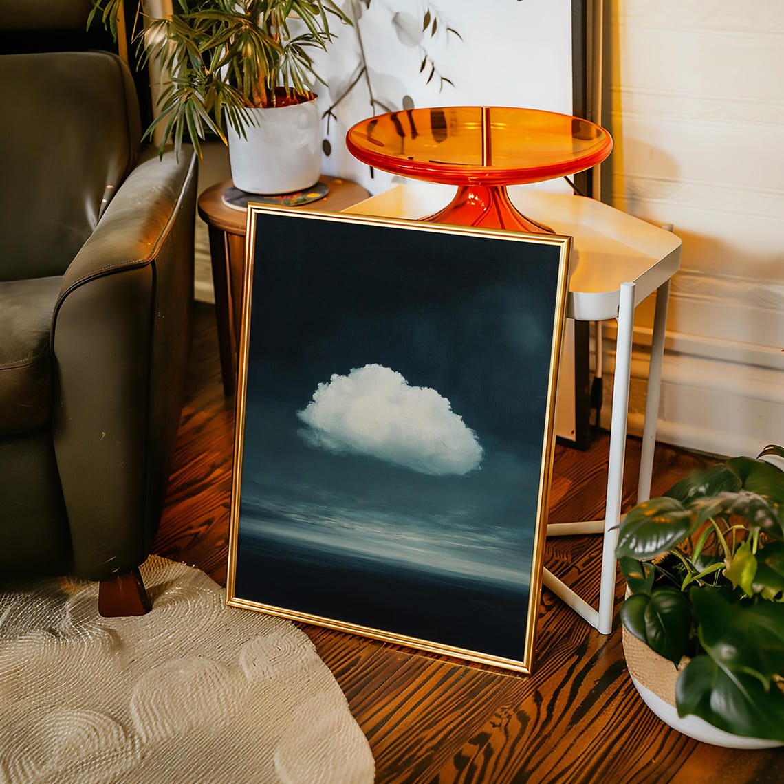Lone White Cloud In Moody Dark Teal Night Sky Minimalist Poster