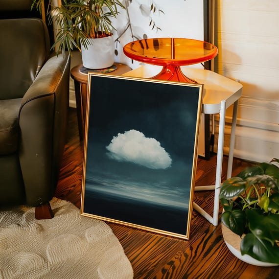 Minimalist Cloud Canvas Wall Art Lone White Against A Moody Teal Sky For Calm Serene And Modern Atmospheric Home Decor